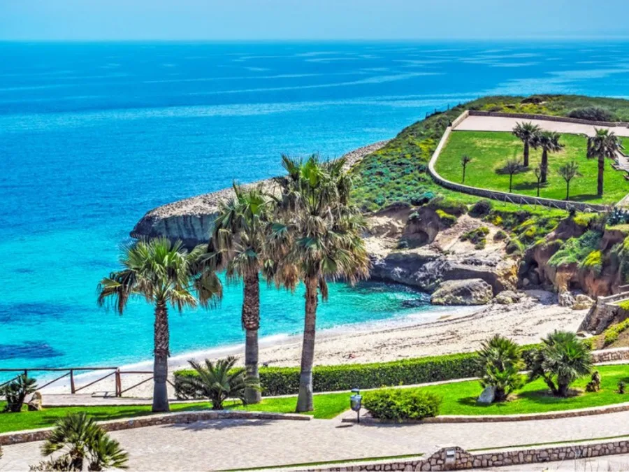 Baia con spiaggia, palme e acqua turchese lungo la costa rocciosa