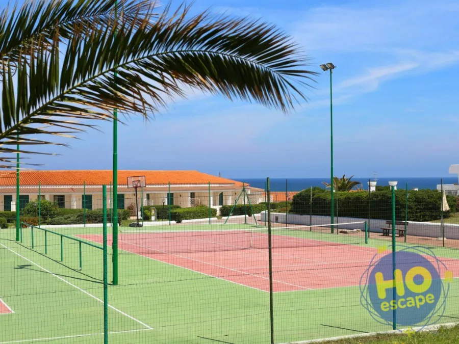 Campo da tennis e basket all'aperto con palma e vista mare
