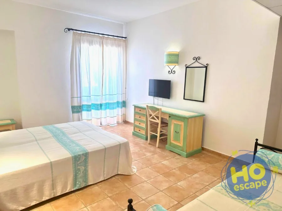 Camera luminosa con letto, TV, scrivania e ampia finestra