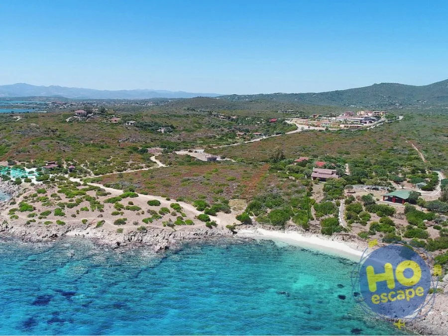 Vista aerea di una piccola spiaggia con mare turchese, costa rocciosa e macchia mediterranea