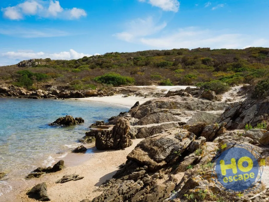 Caletta naturale con rocce, sabbia chiara e acqua trasparente immersa nella macchia mediterranea