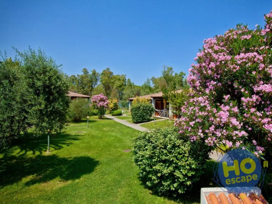 Giardino curato con prato verde, oleandri fioriti e villette immerse nel verde