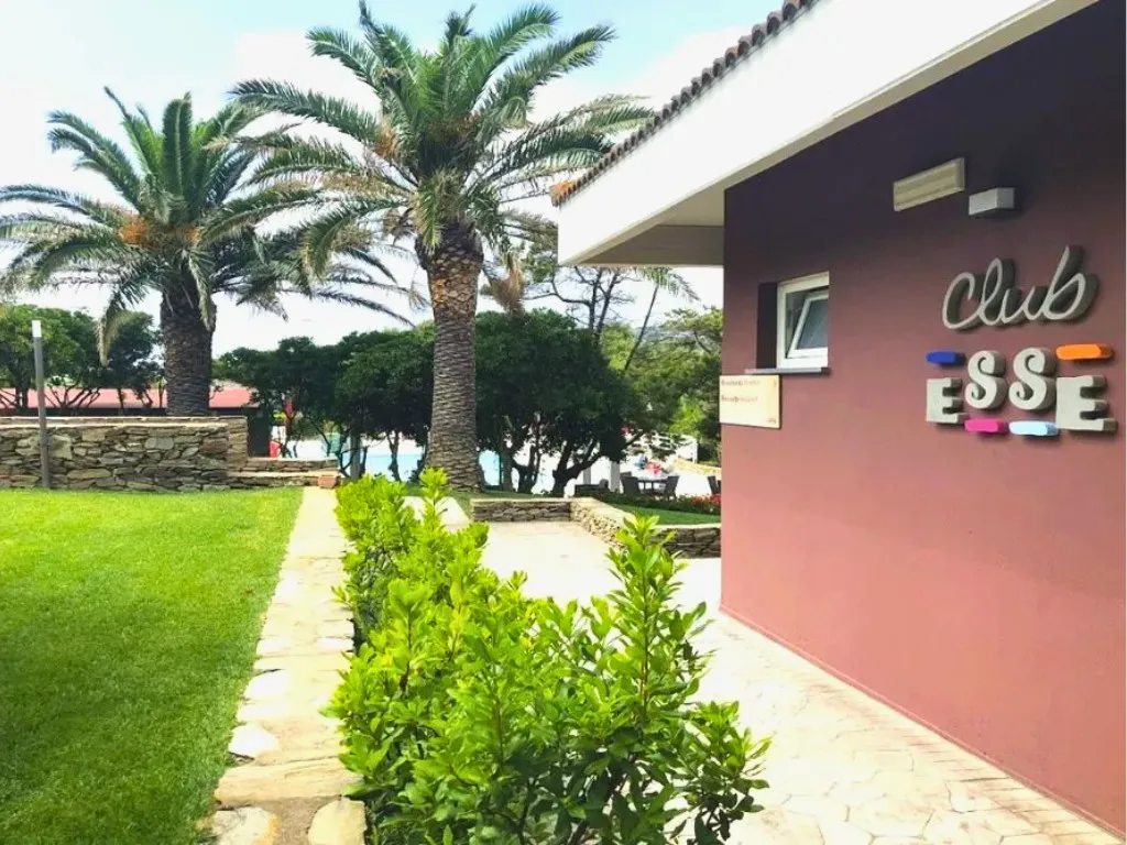 Ingresso del Club Esse con palme e logo colorato sulla parete