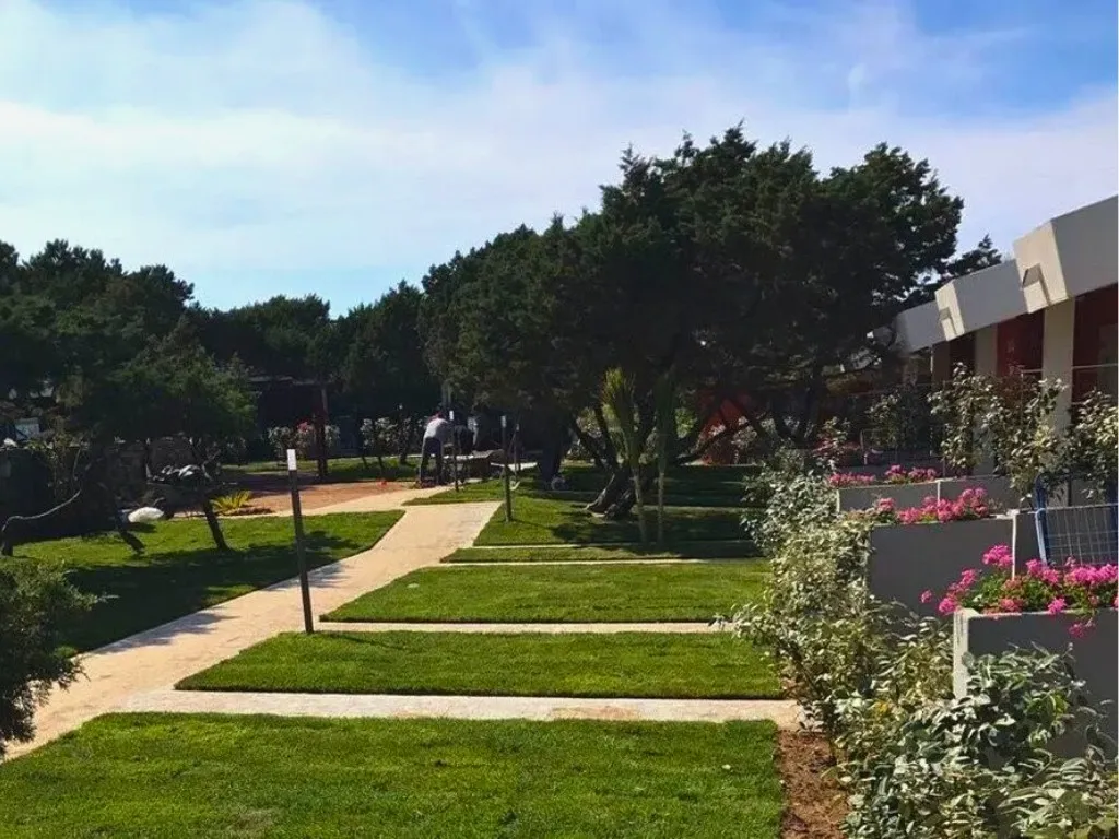 Giardino curato con prato verde, alberi e camminamenti tra gli edifici