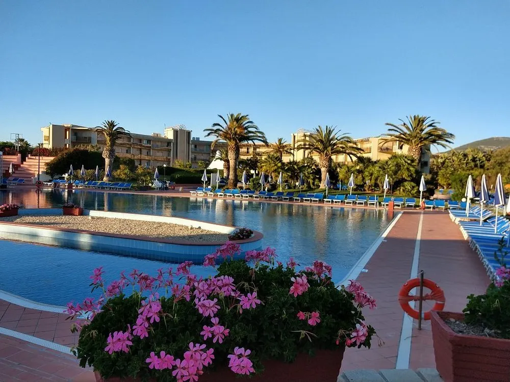 Piscina del resort con fiori rosa in primo piano e palme