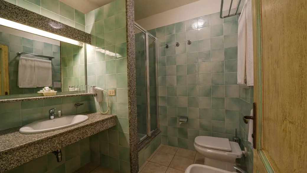 Bagno della camera con doccia, lavabo e piastrelle verdi