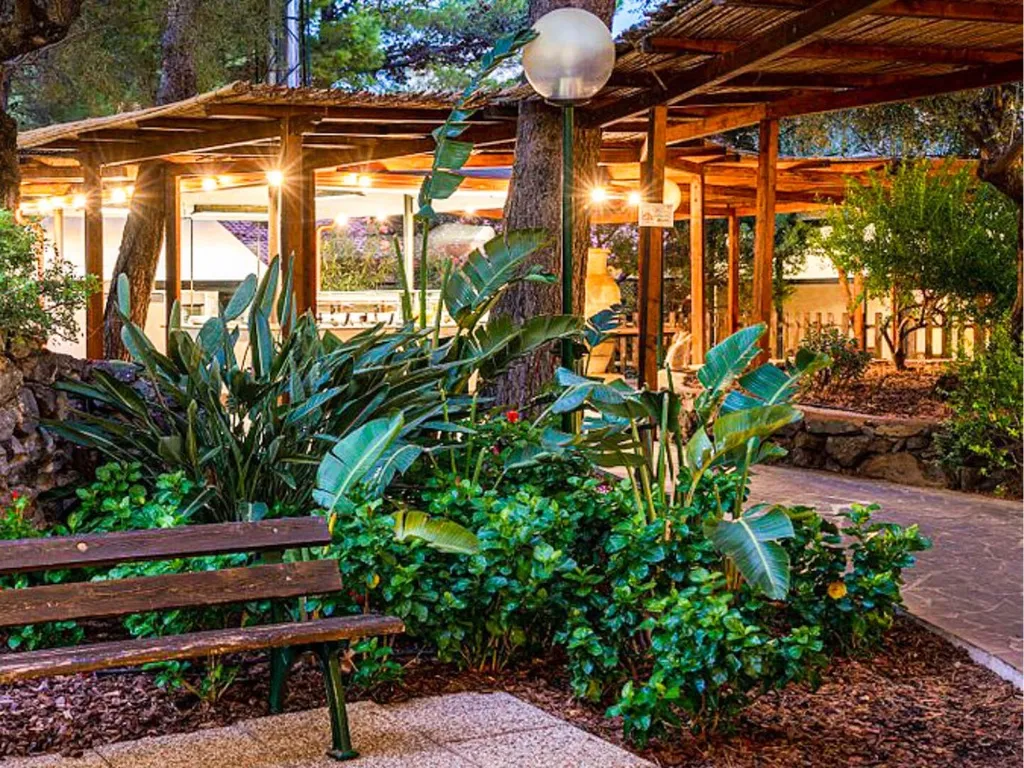 Giardino con pergolato in legno e vegetazione al crepuscolo