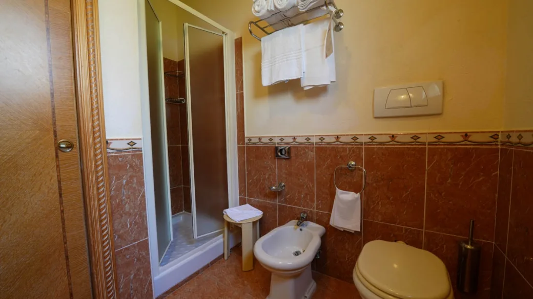 Bagno della camera con doccia, bidet, wc e piastrelle in tonalità calde