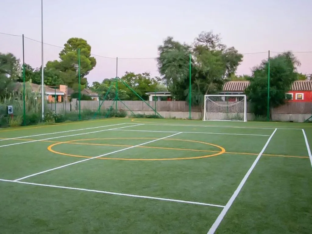 Campo sportivo in erba sintetica con porta da calcio circondato da alberi