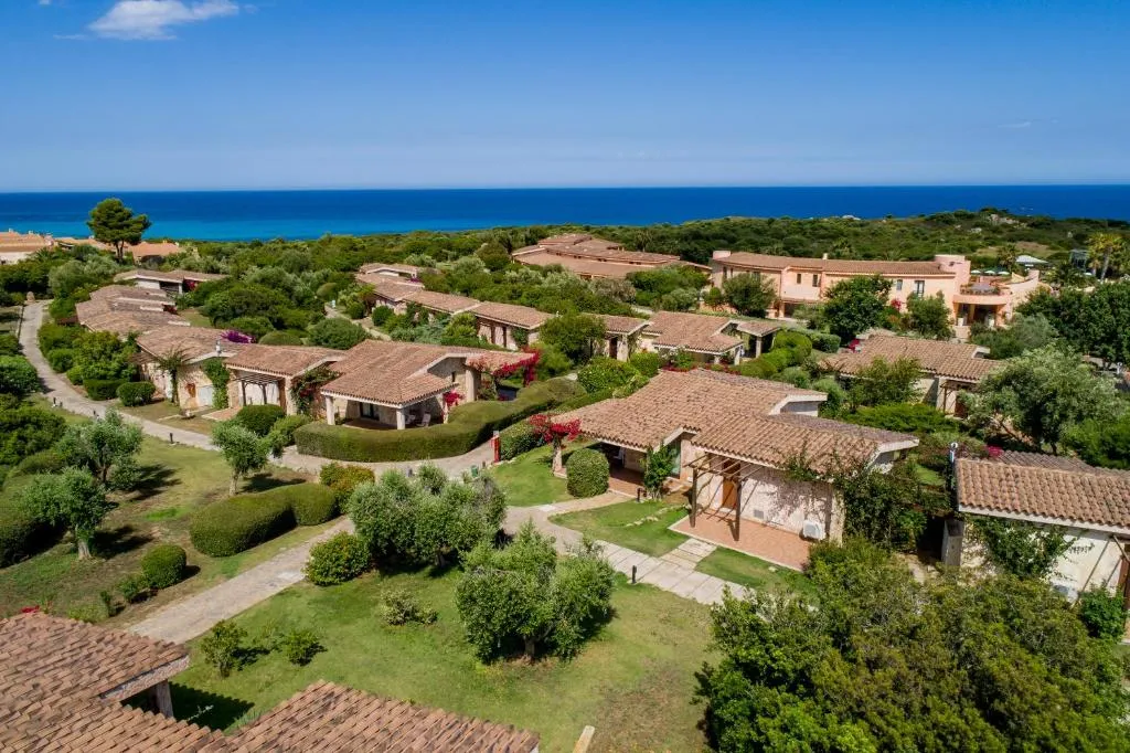 Veduta aerea di villette con tetti in coppi immerse nel verde e mare sullo sfondo