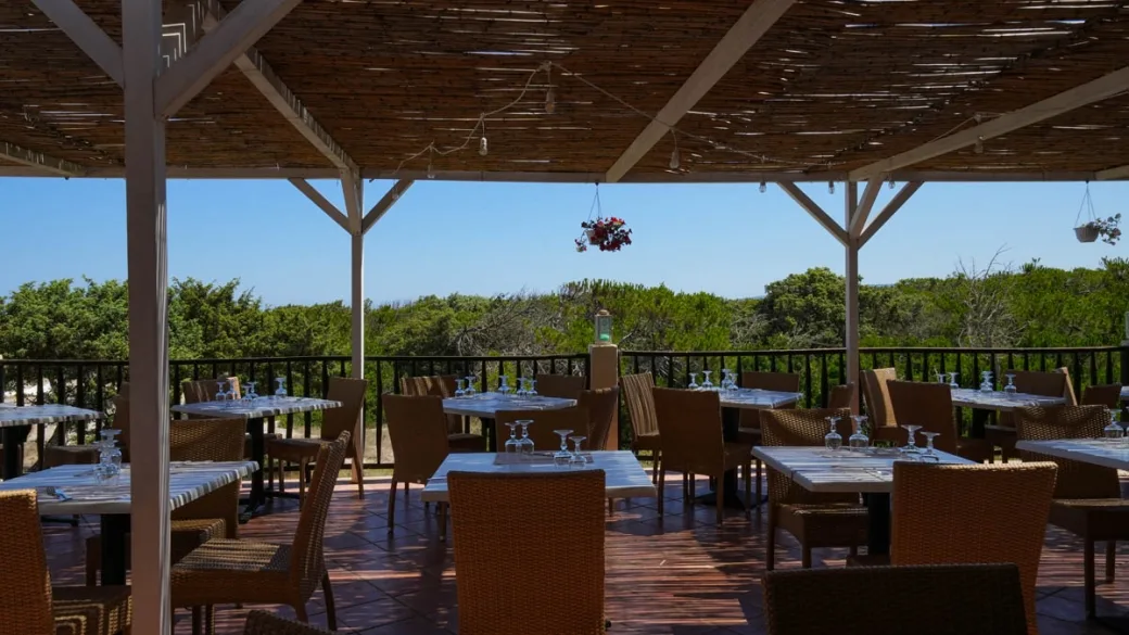 Terrazza ristorante con tavoli e sedie in vimini sotto pergolato e vista sul verde