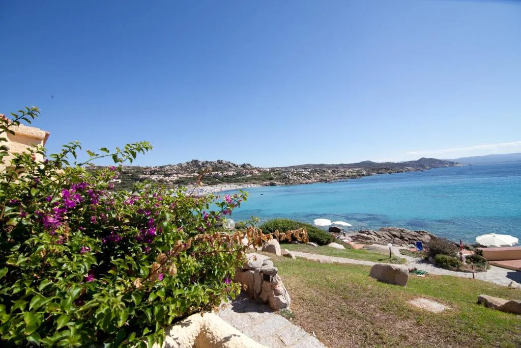 Panorama sulla baia con mare turchese, fiori di bouganville e costa rocciosa