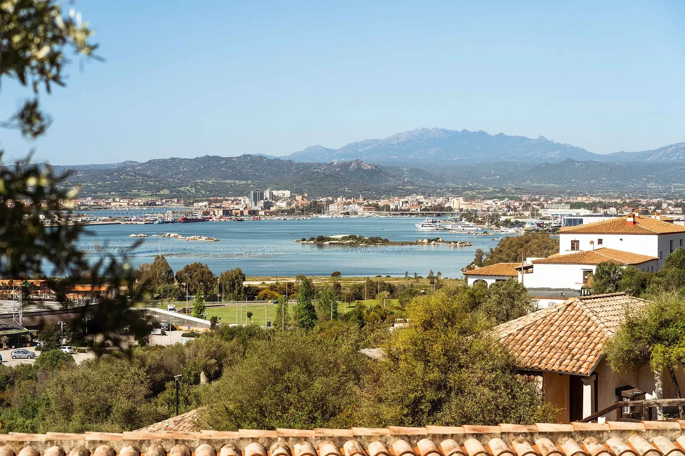 Vista panoramica sul golfo, la città portuale e le montagne tra la vegetazione