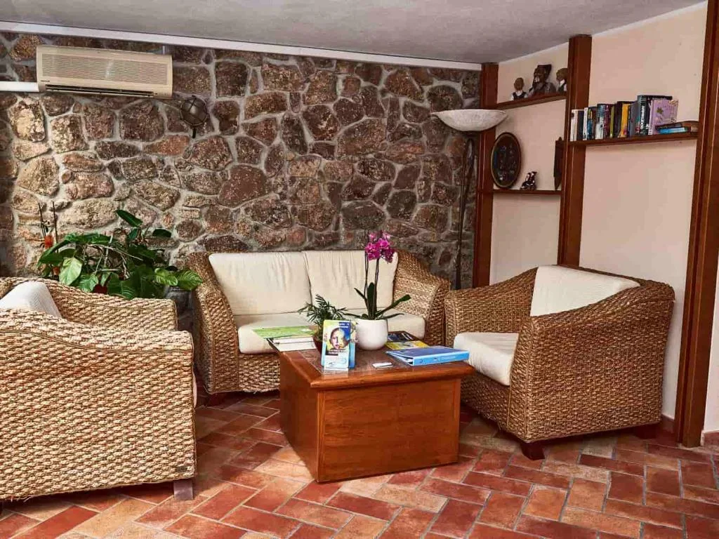 Hall accogliente con poltrone in vimini, parete in pietra e tavolino con fiori
