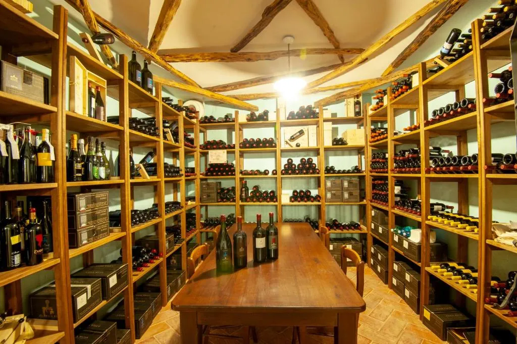 Cantina dei vini con scaffali in legno colmi di bottiglie e tavolo centrale per degustazioni