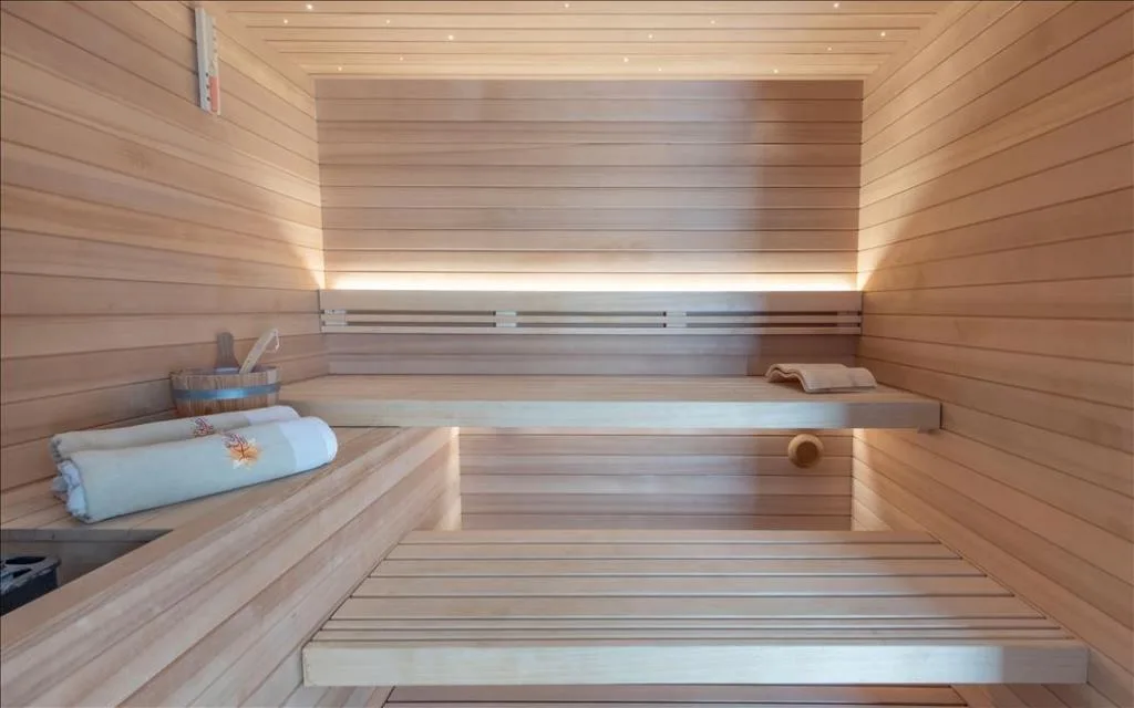Interno di sauna finlandese in legno con panche e asciugamani