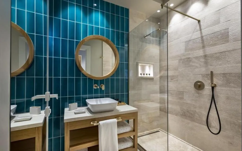 Bagno moderno con piastrelle blu e doccia walk-in