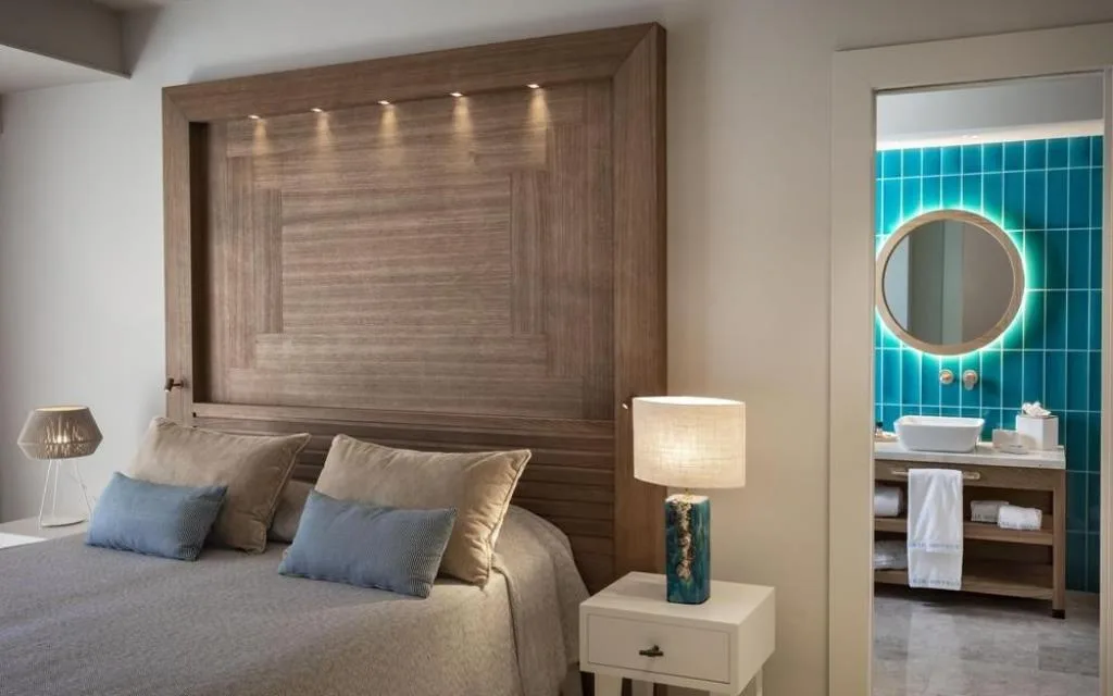 Camera contemporanea con testata in legno e bagno visibile
