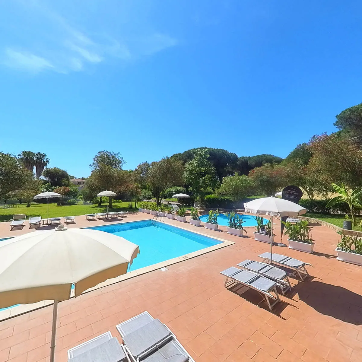 Piscina rettangolare con ombrelloni beige, lettini e giardino curato circostante